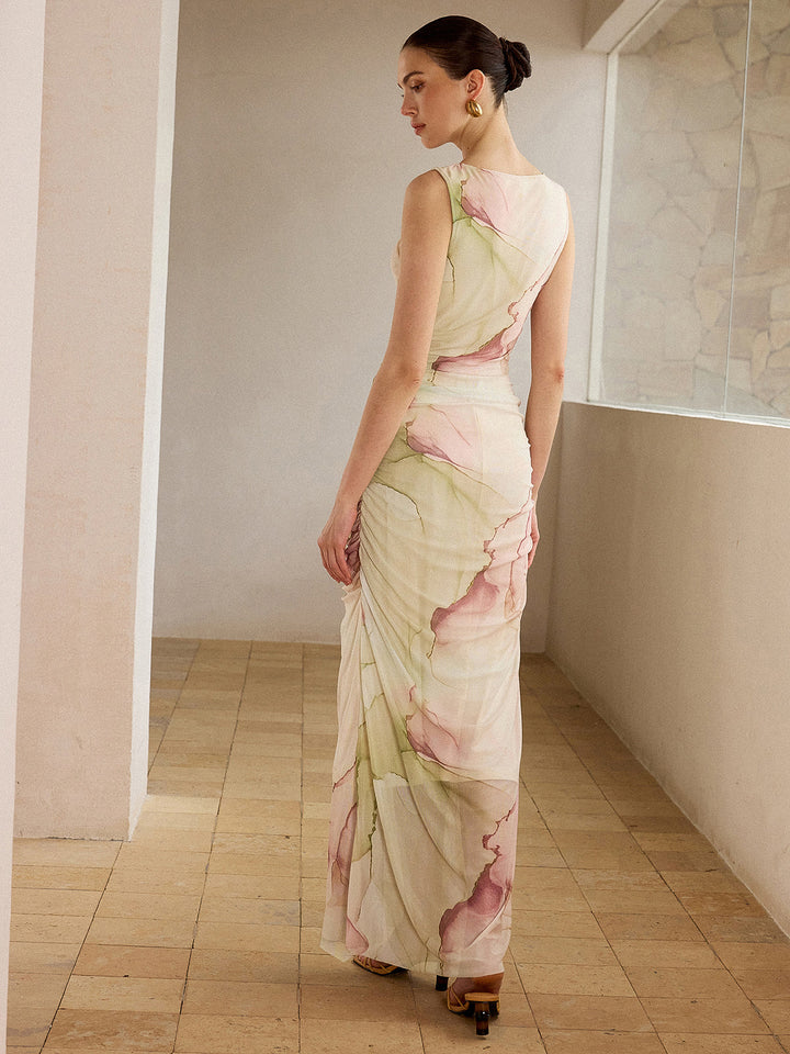 Printed Semi-Sheer Mesh Maxi Dress