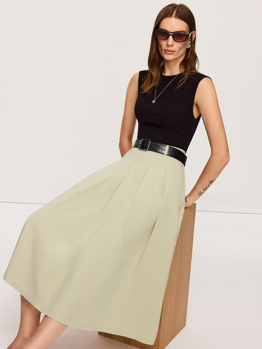 Belted Pleated Two-Tone Midi Dresses