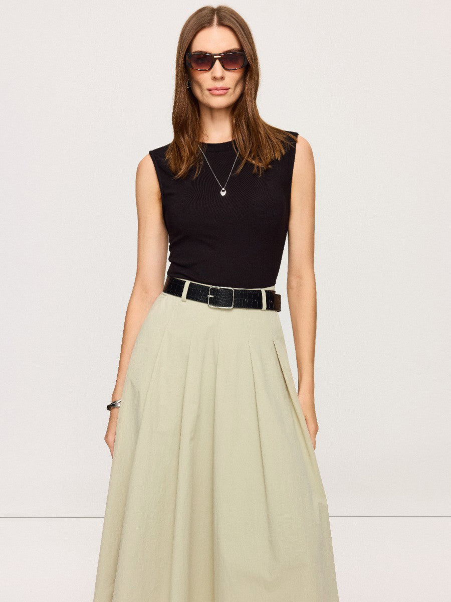 Belted Pleated Two-Tone Midi Dresses
