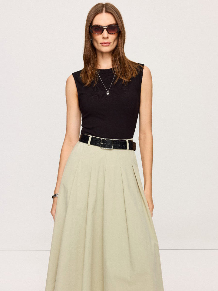 Belted Pleated Two-Tone Midi Dresses