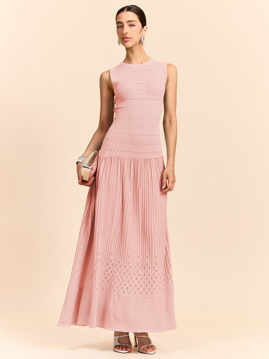 Sleeveless Knit Eyelet Pleated Maxi Dress