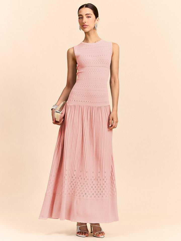 Sleeveless Knit Eyelet Pleated Maxi Dress