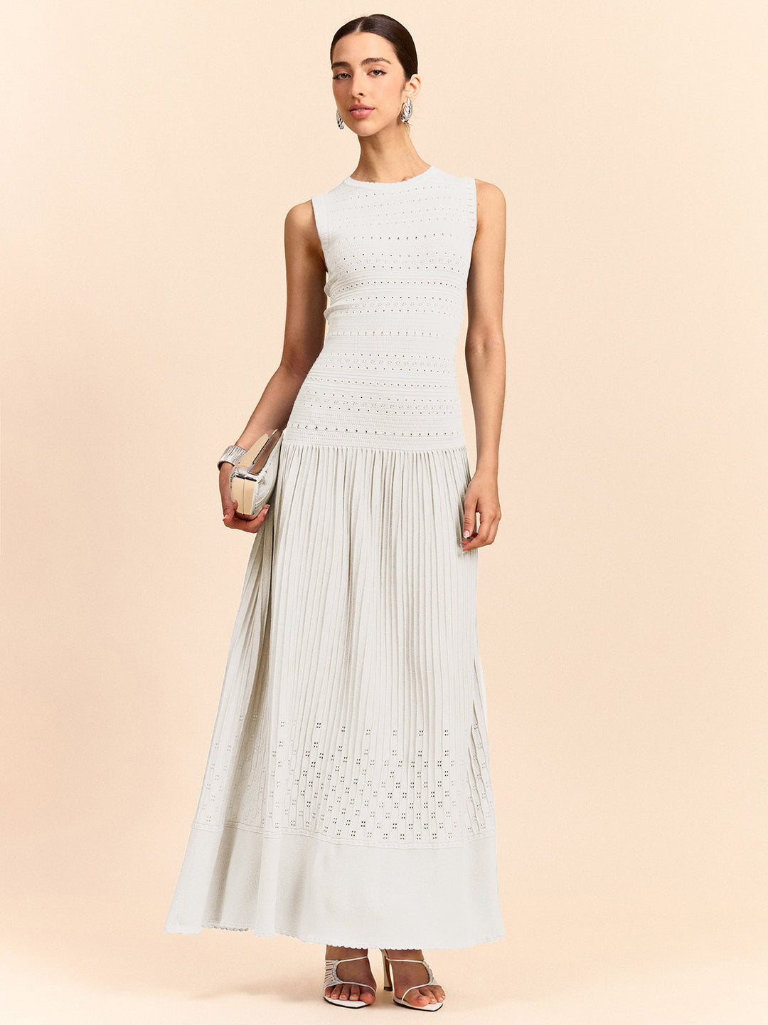 Sleeveless Knit Eyelet Pleated Maxi Dress