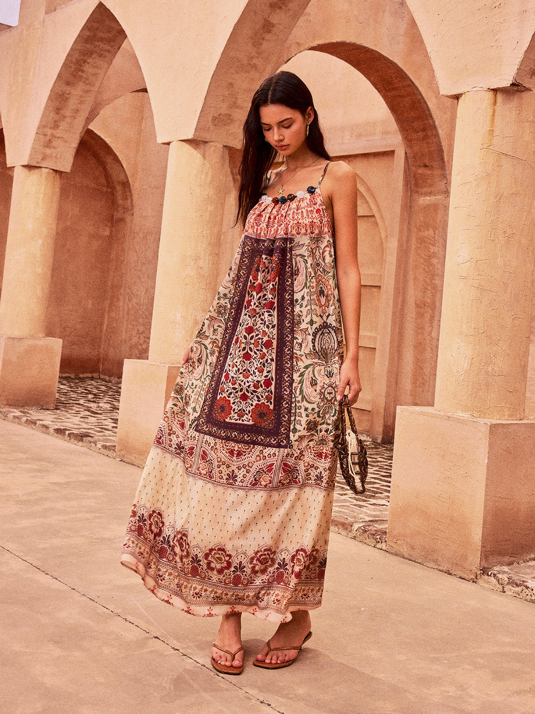 Paisley Printed Beaded Maxi Dress