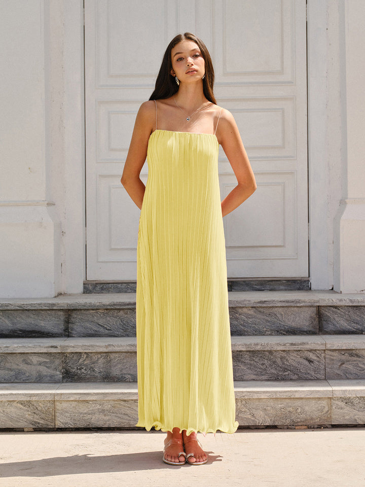Spaghetti-Strapped Vertical-Pleated Maxi Dress