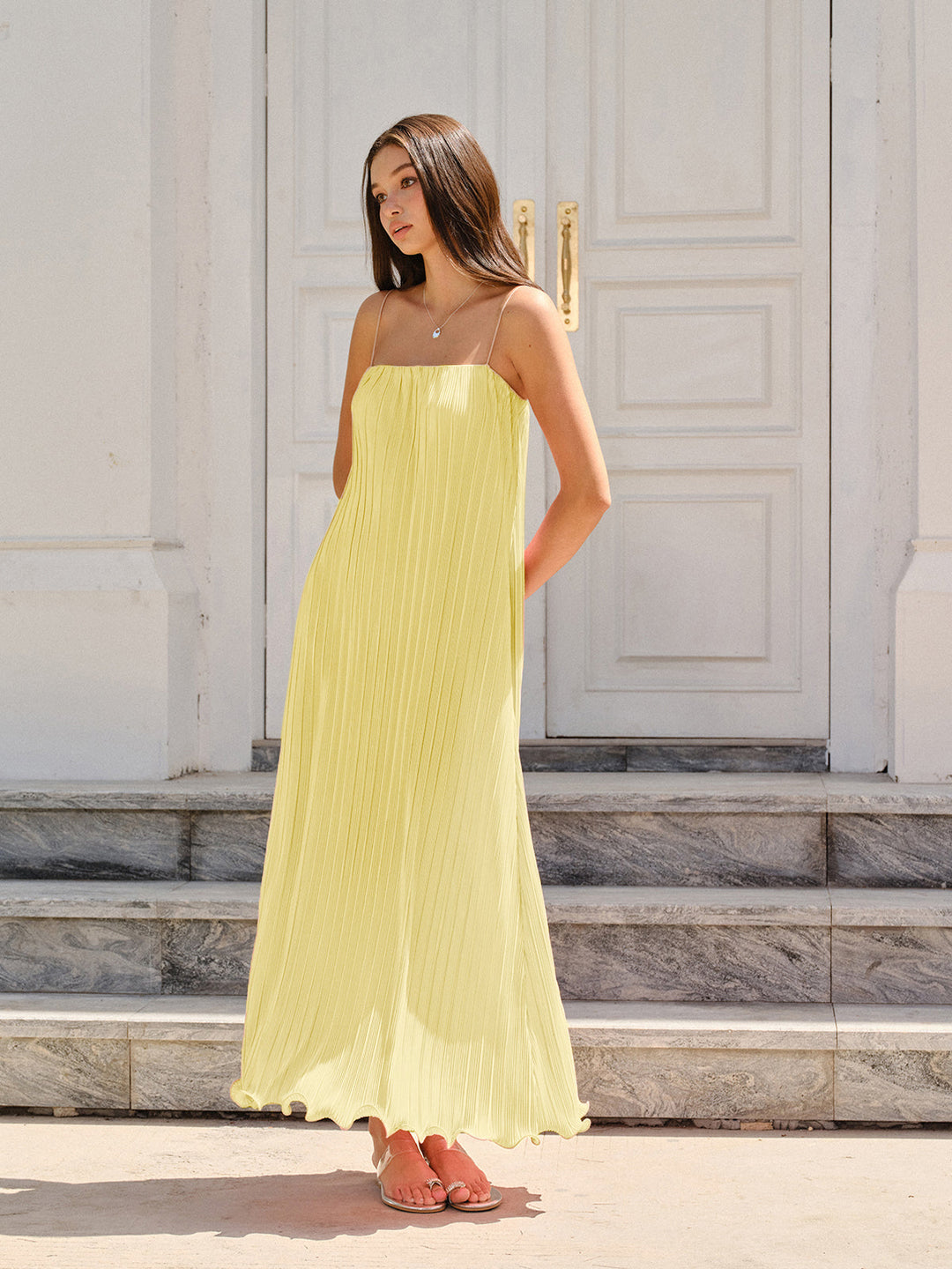 Spaghetti-Strapped Vertical-Pleated Maxi Dress