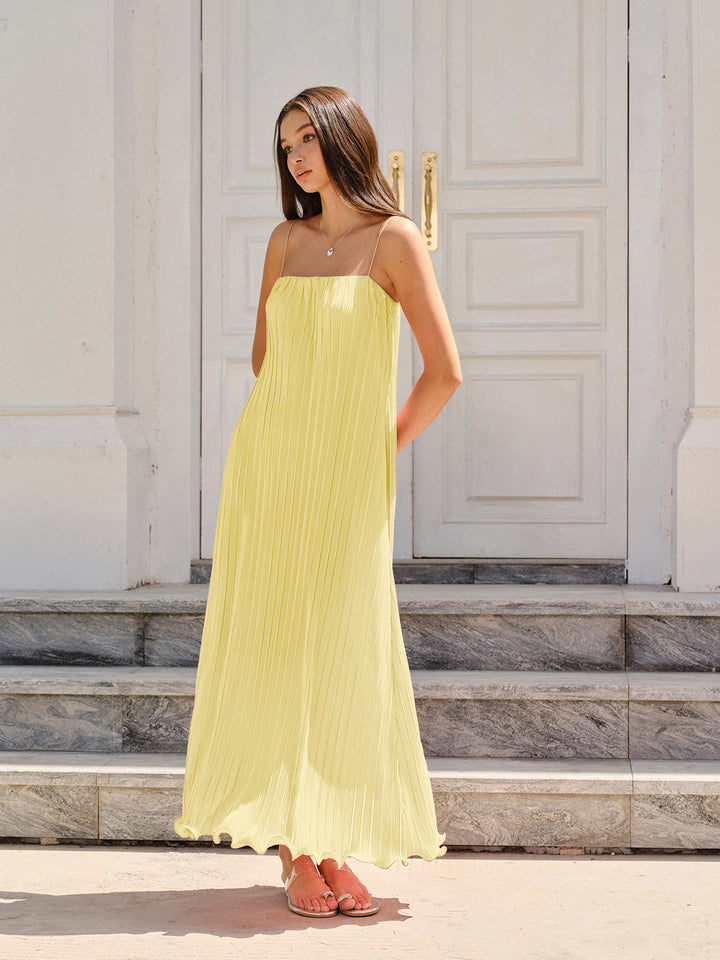 Spaghetti-Strapped Vertical-Pleated Maxi Dress