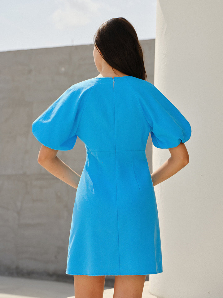 Buttoned Puff-Sleeve Round Neck Mini Dress