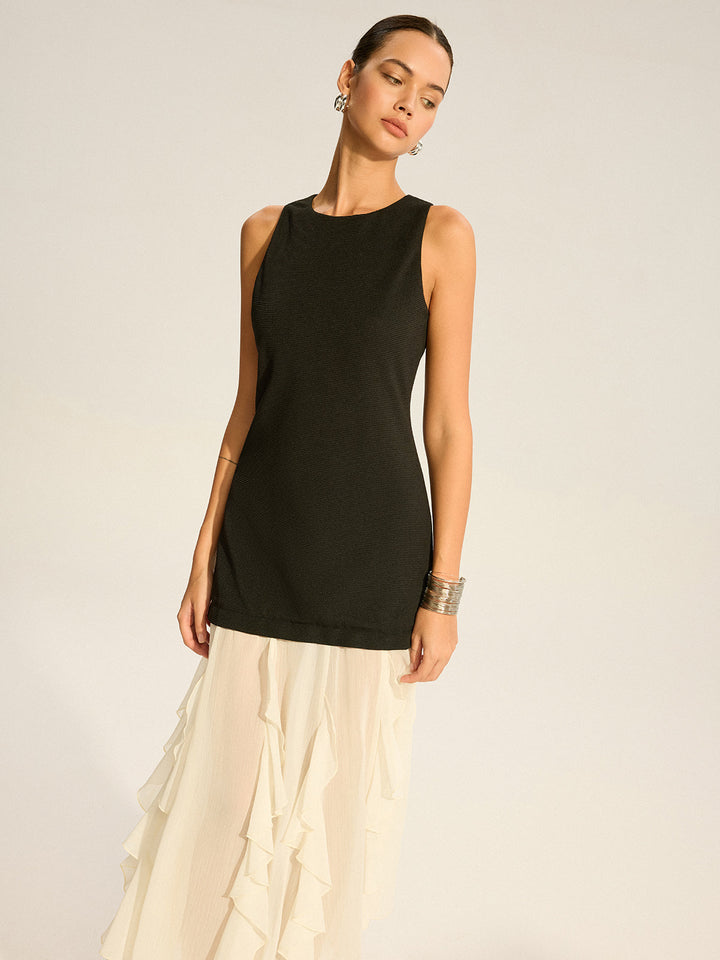 2 in 1 Semi-Sheer Ruffled Hem Maxi Dress