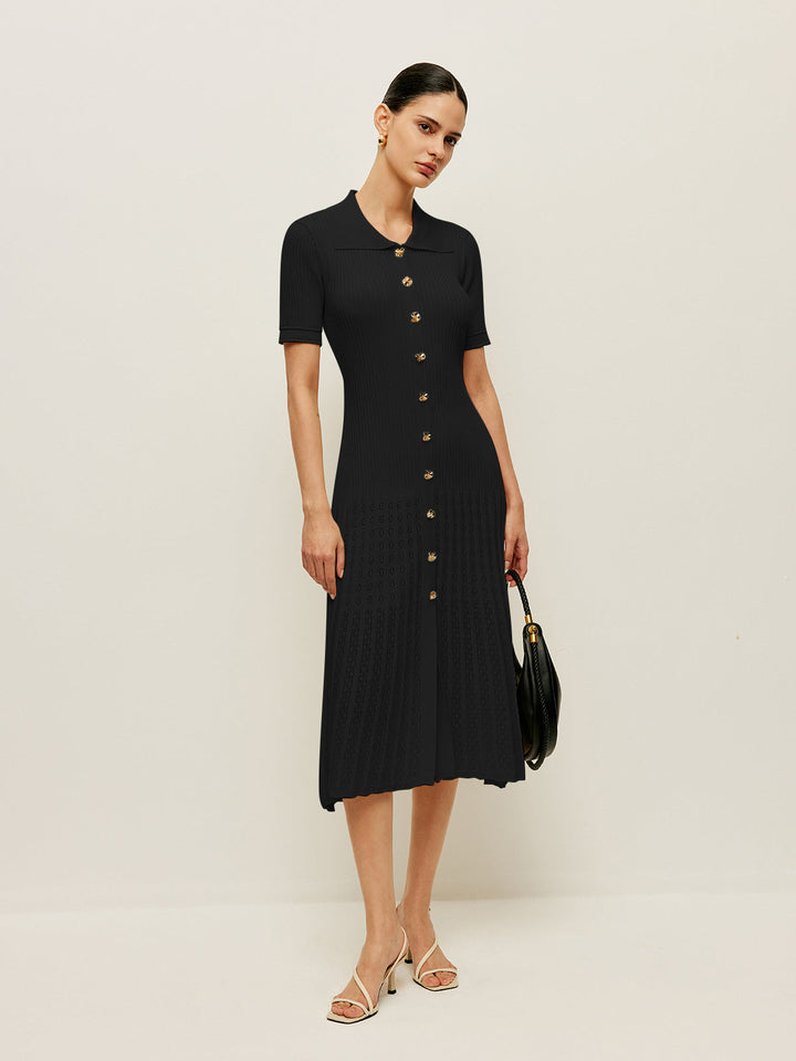 Knit Hollow Buttoned Polo Dress