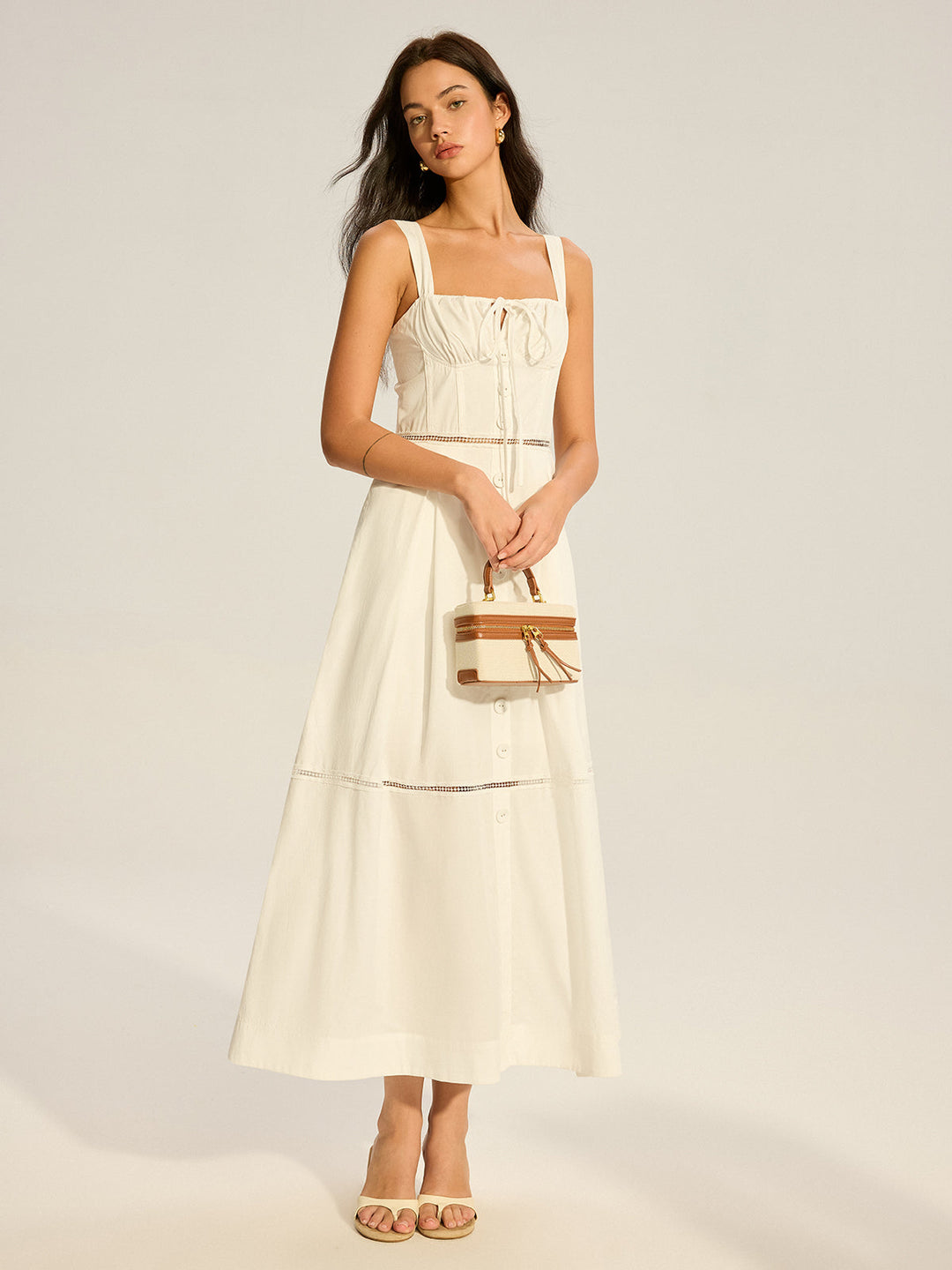 Lace Paneled Back-Tie Cotton Maxi Dress