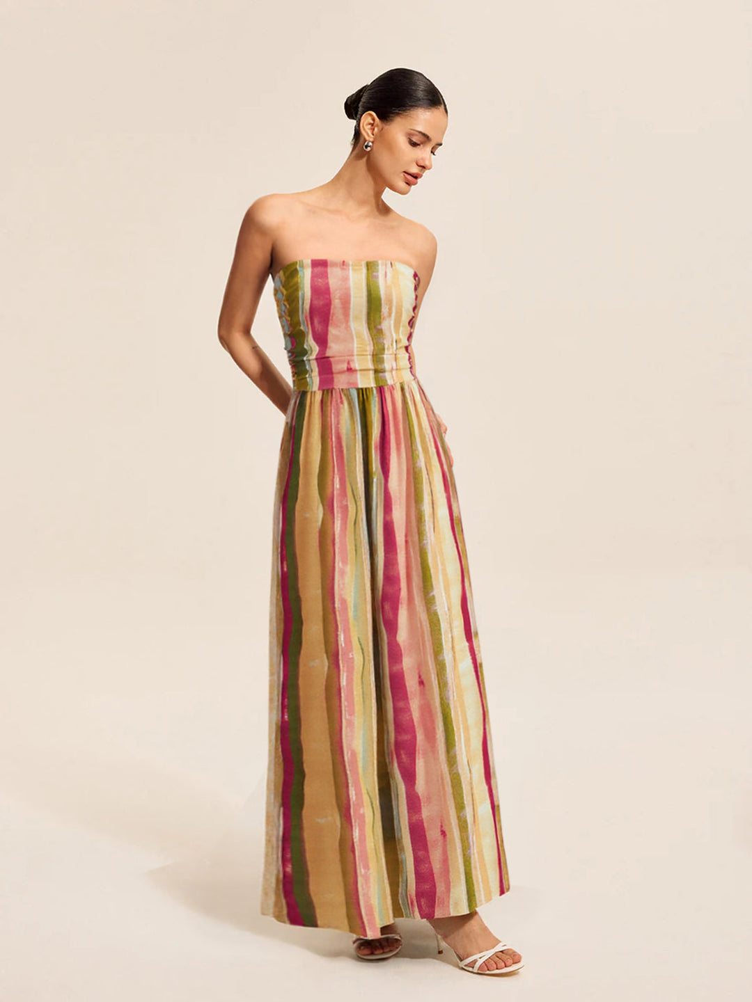 Colorful Striped Strapless Cotton Maxi Dress
