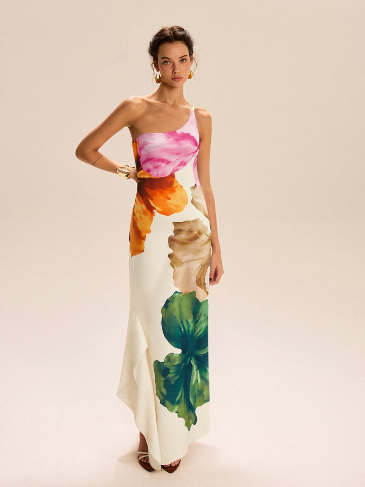 Asymmetric One-Shoulder Floral Print Maxi Dress