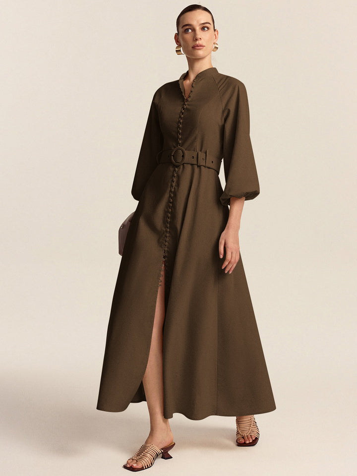 Belted Button Front Maxi Dress