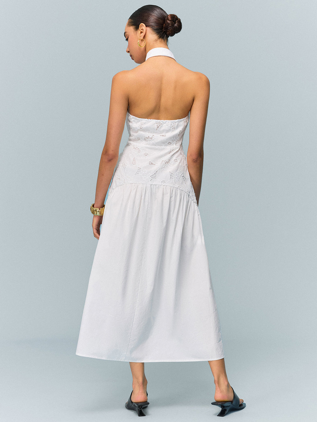 Pocketed Halter Neck Embroidered Dress with Non-Belted
