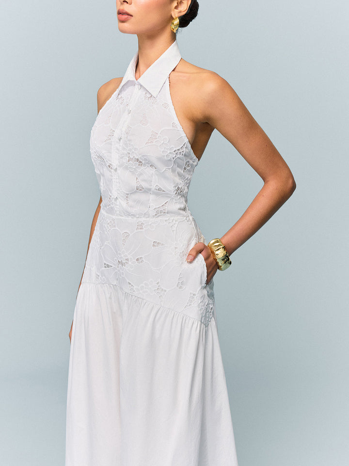 Pocketed Halter Neck Embroidered Dress with Non-Belted