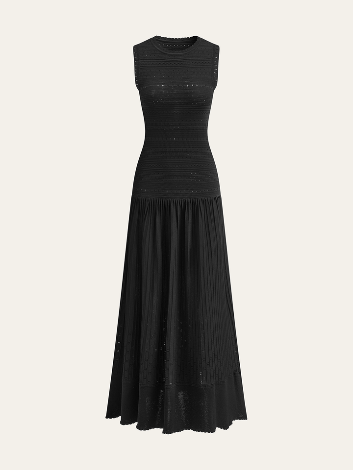 Sleeveless Knit Eyelet Pleated Maxi Dress