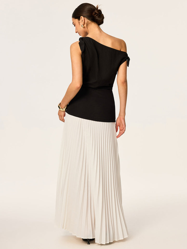 Asymmetric Pleated Maxi Dress with Bow Detail