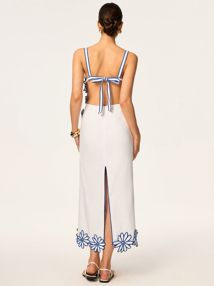 Semi-Sheer Floral Embroidery Back Bow Maxi Dress