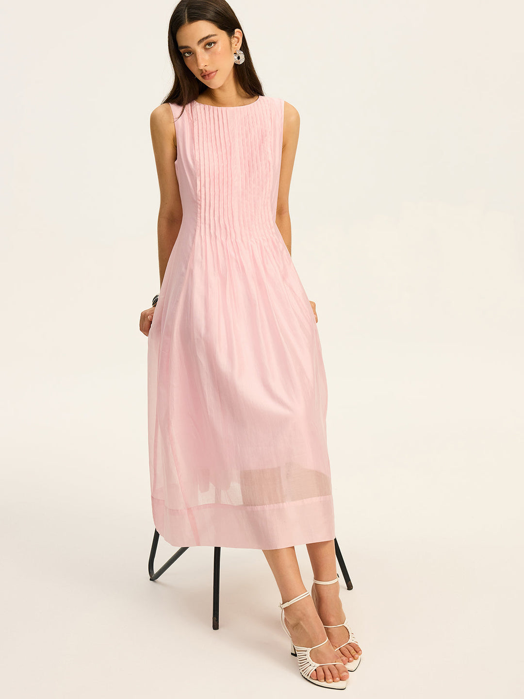 Semi-Sheer Tencel Pleated Sleeveless Midi Dress