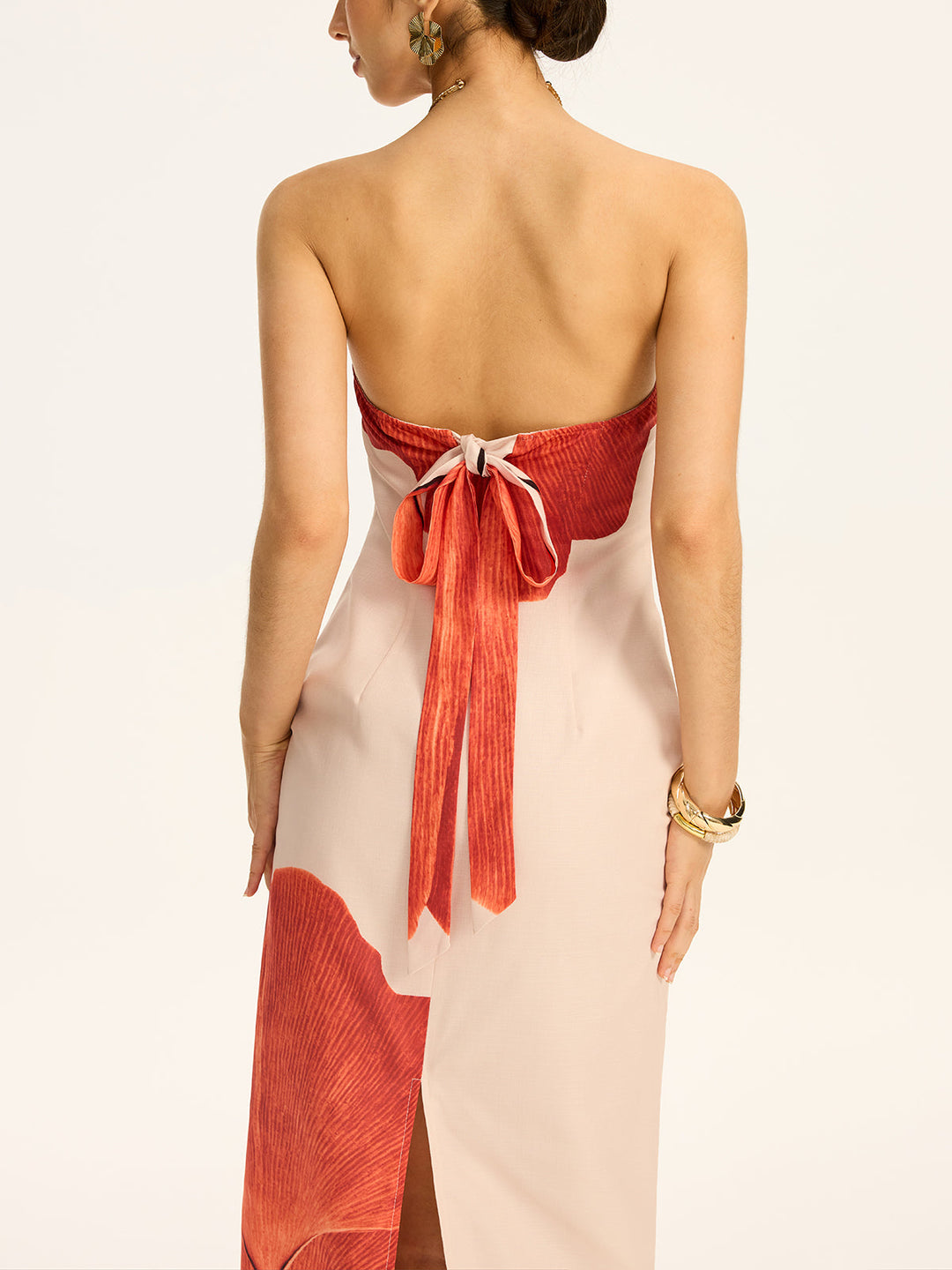 Strapless Printed Maxi Dress with Back Bow and Slit