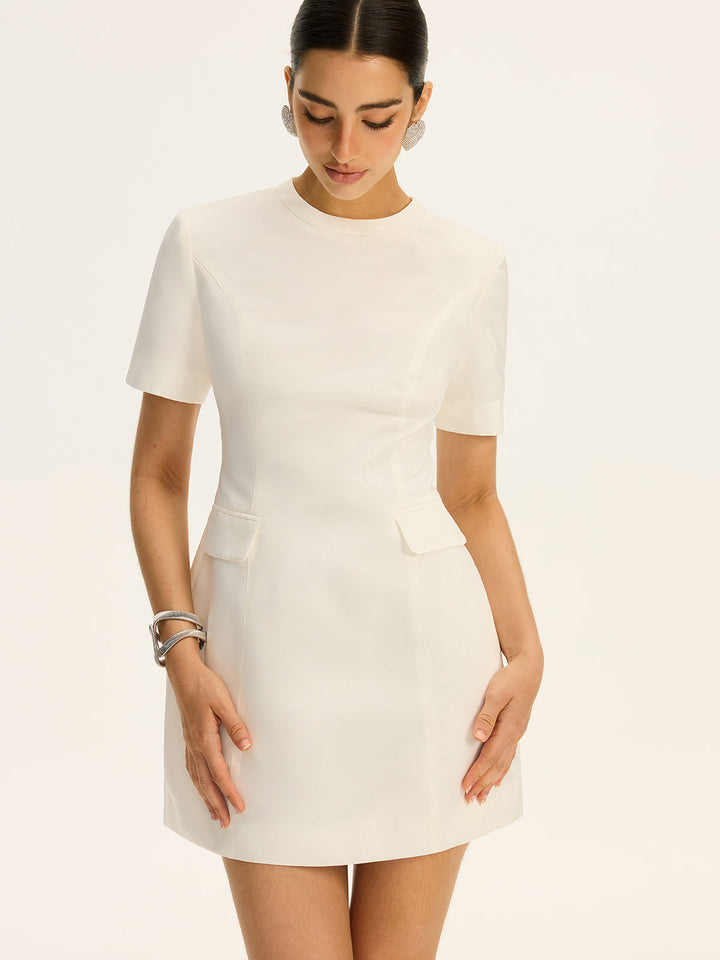 Short-Sleeved  Waist-Cinching Mini Dress with Decor Pockets