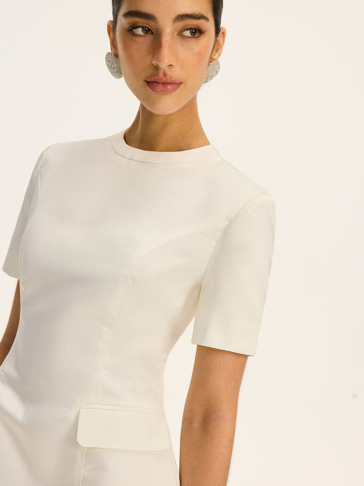 Short-Sleeved  Waist-Cinching Mini Dress with Decor Pockets