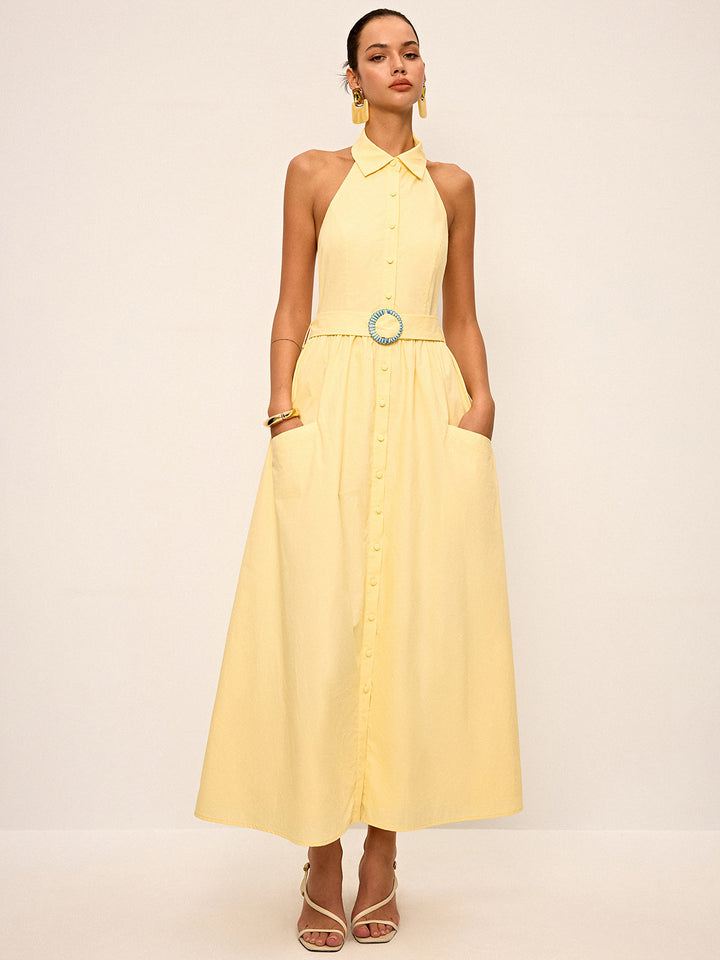 Halter Neck Backless Shirt Dress with Belt