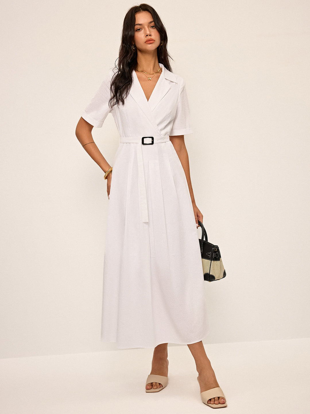 Linen & Blend Belted Pleated Shirt Dress