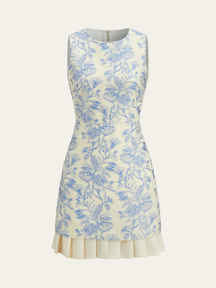 Floral Printed Sleeveless Dress with Pleated Hem