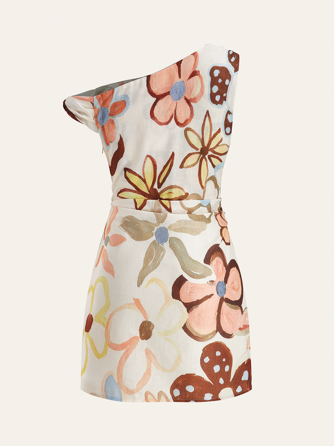 Asymmetric Neck Belted Print Dress