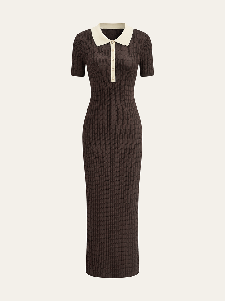 Contrast Collar Cable-Knit Midi Dress