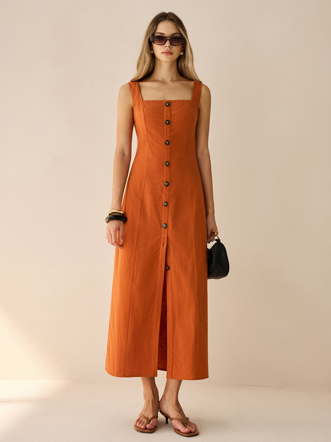 Square-Neck Button-Front Maxi Dress with Slit