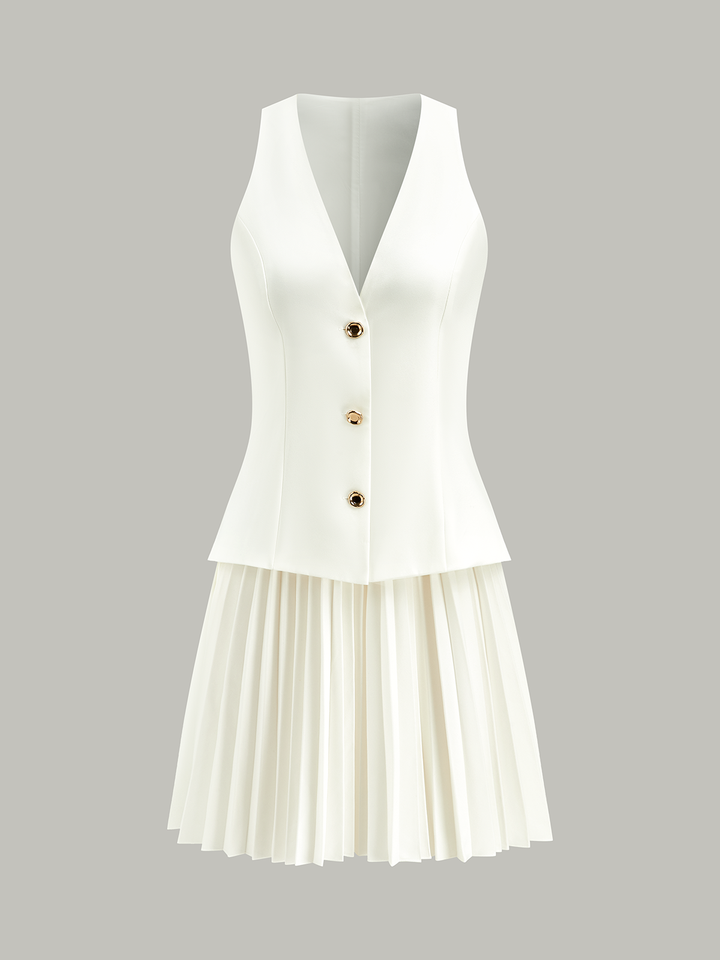 Sleeveless Buttoned Vest-Style Pleated Dress
