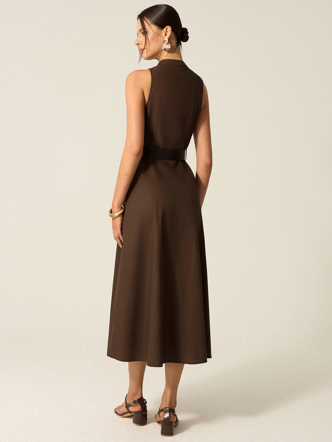 Belted Button-Front Midi Dress