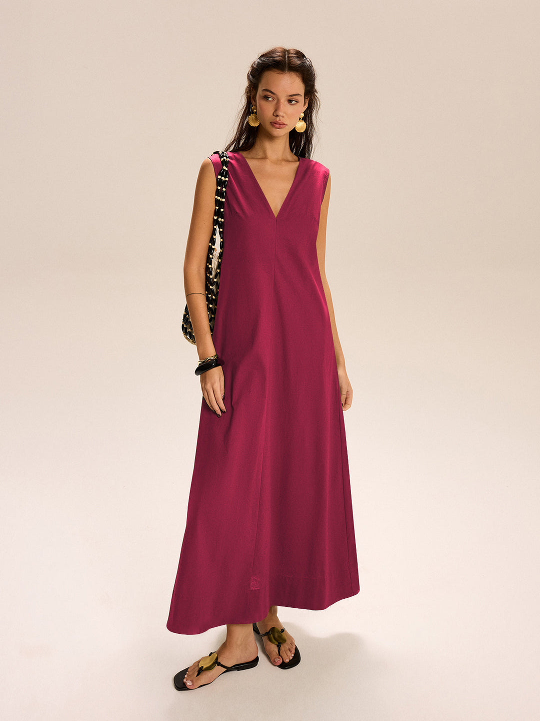 Linen & Cotton Pocketed V-Neck Maxi Dress