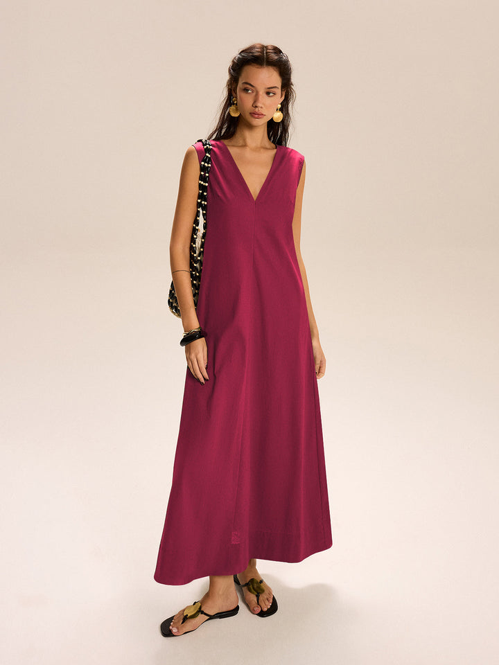 Linen & Cotton Pocketed V-Neck Maxi Dress
