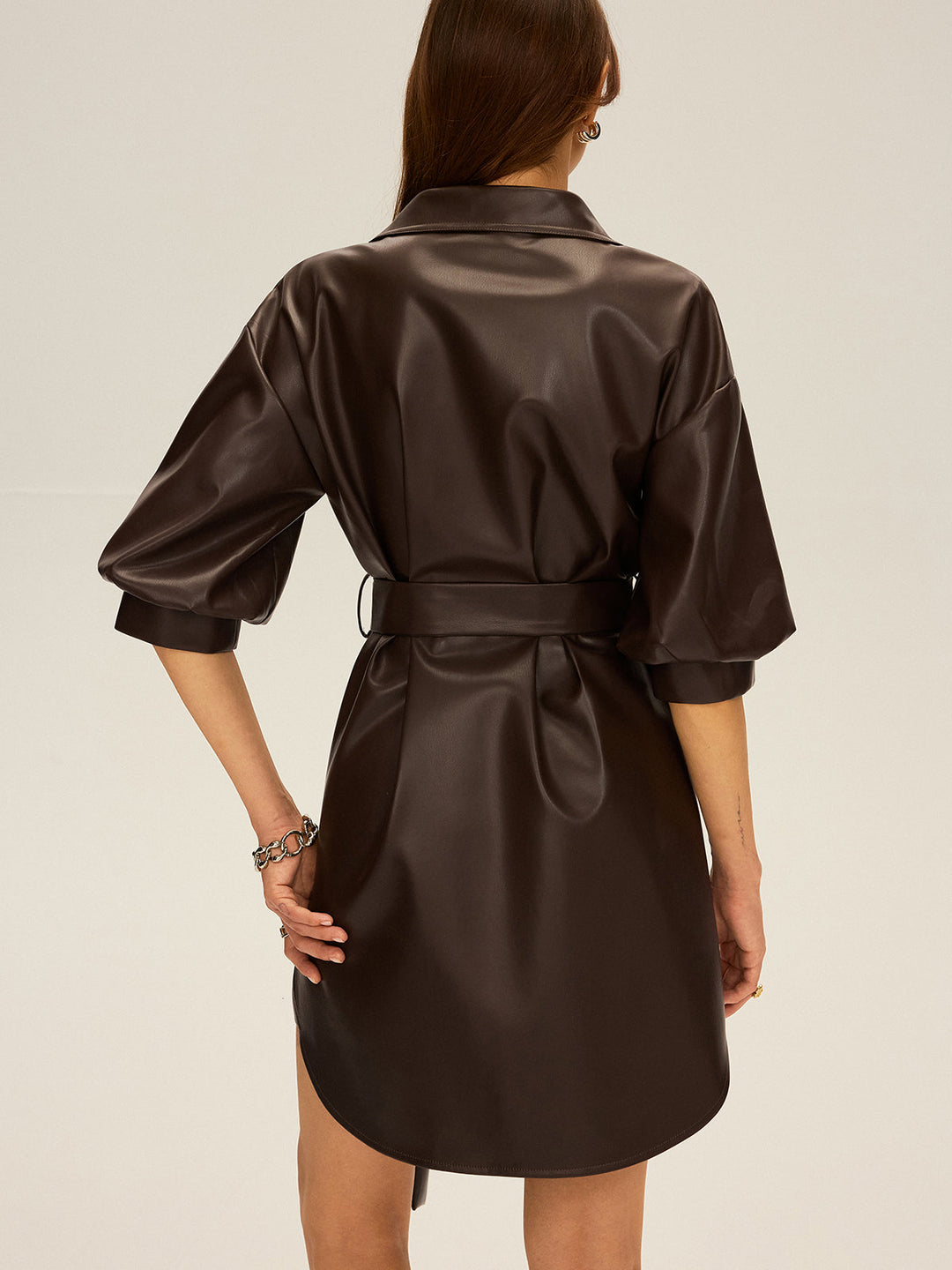 Faux Leather V-Neck Belted Mini Dress