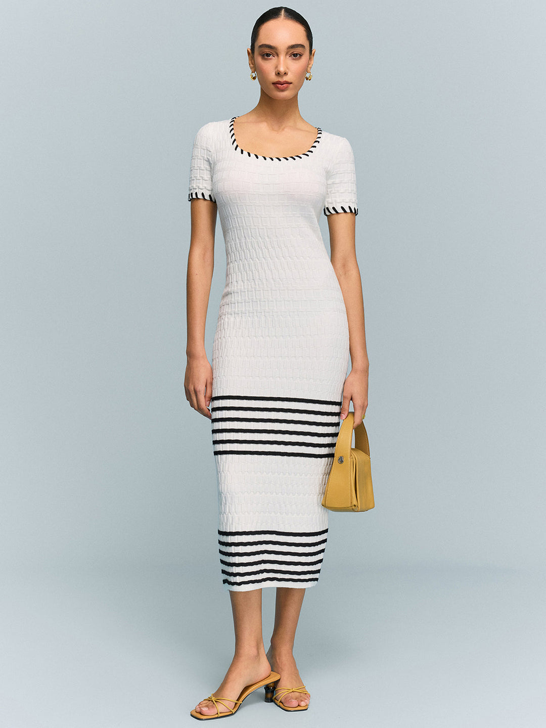 Textured Knit Midi Dress with Striped Hem