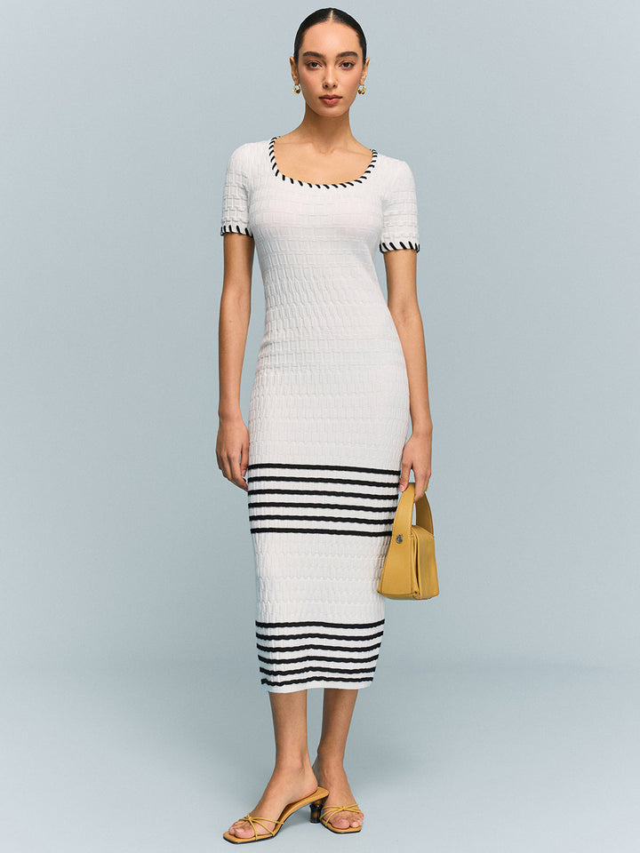 Textured Knit Midi Dress with Striped Hem