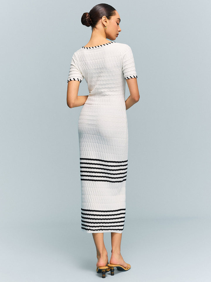 Textured Knit Midi Dress with Striped Hem