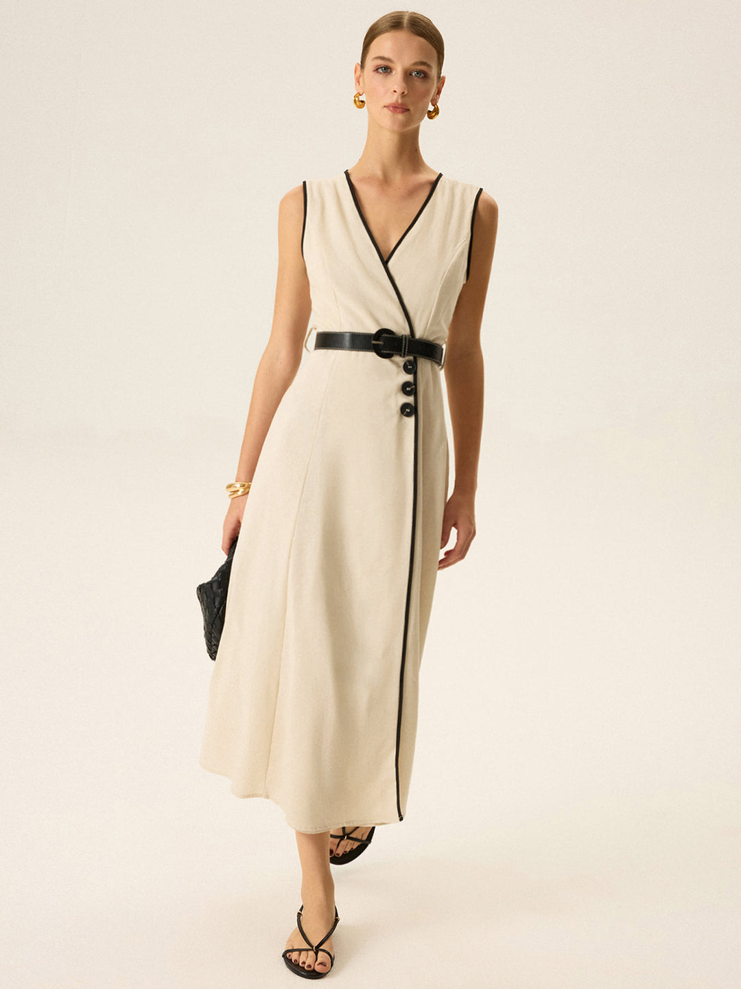 Contrast Trim Belted Midi Dress