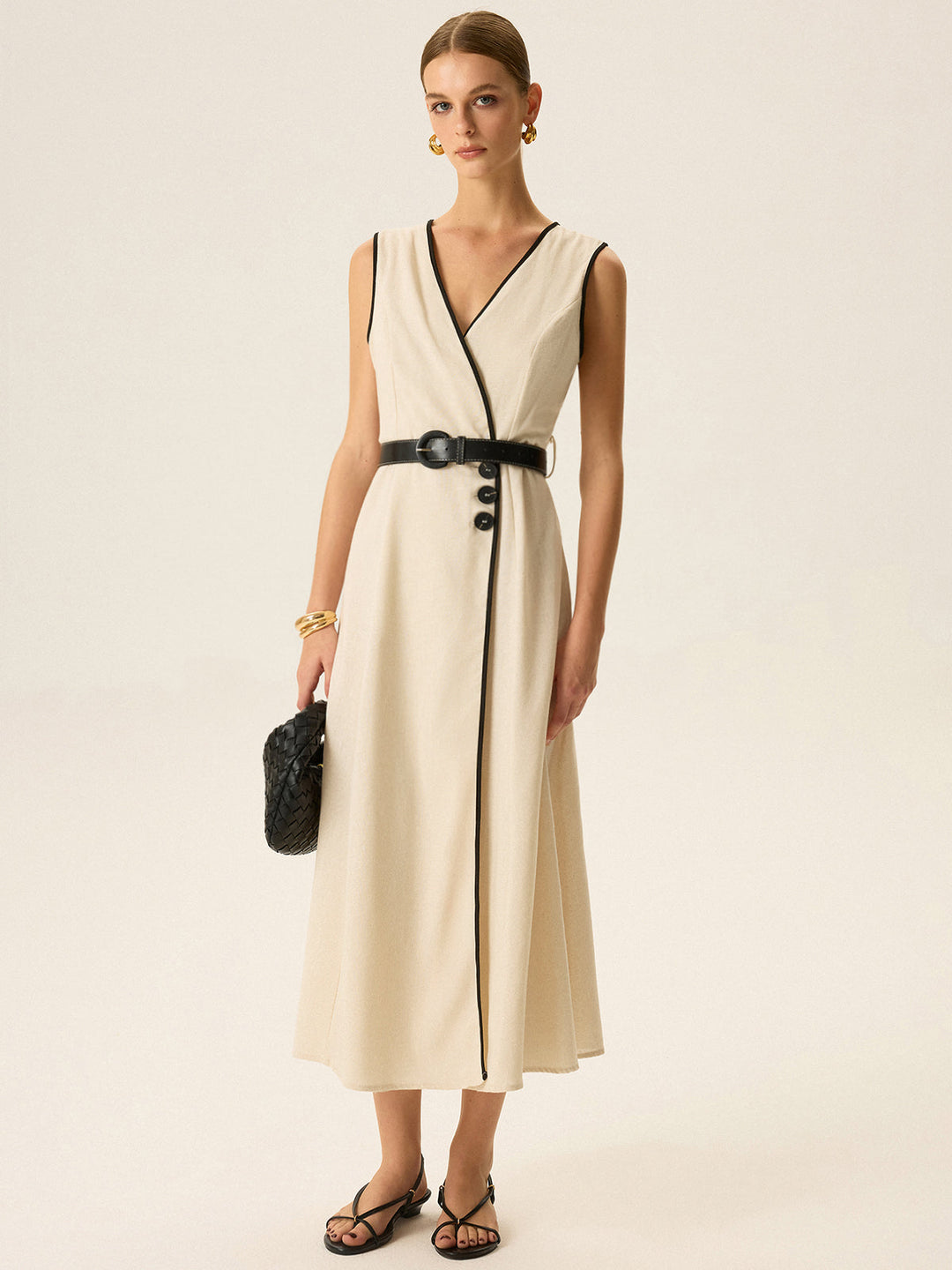 Contrast Trim Belted Midi Dress