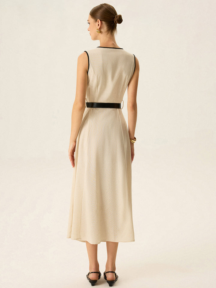 Contrast Trim Belted Midi Dress