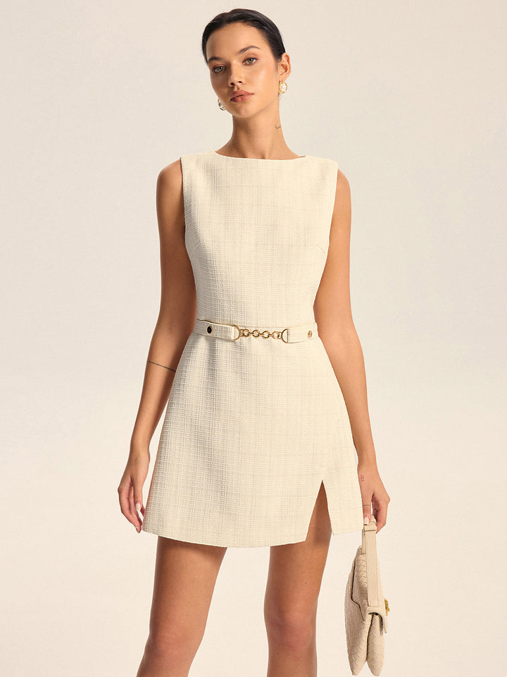 Tweed Slit Mini Dress with Detachable Belt