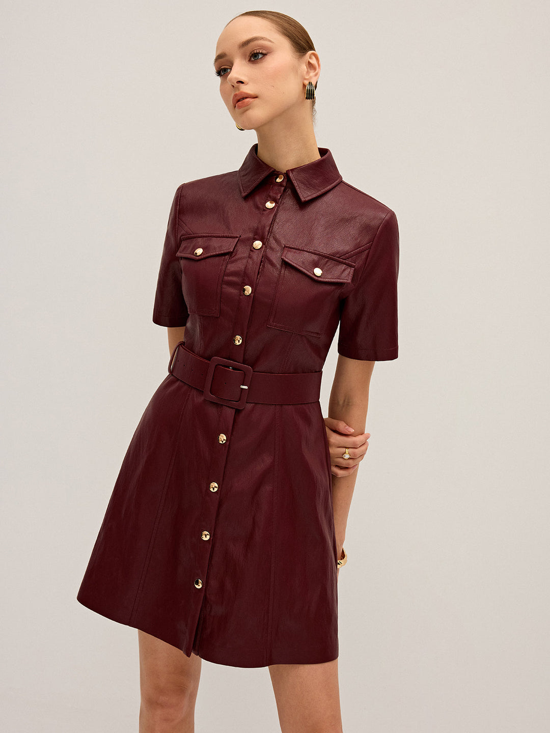 Shirt Collar Belted PU Leather Mini Dress