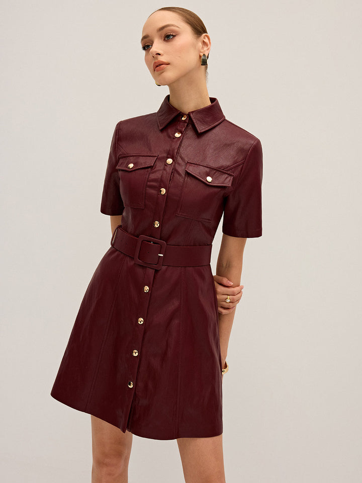 Shirt Collar Belted PU Leather Mini Dress