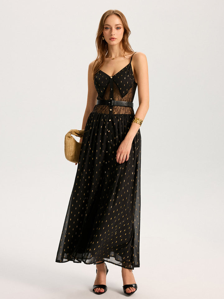 Semi-Sheer Lace Panel Slit Maxi Dress with Belt