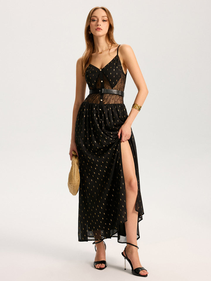 Semi-Sheer Lace Panel Slit Maxi Dress with Belt