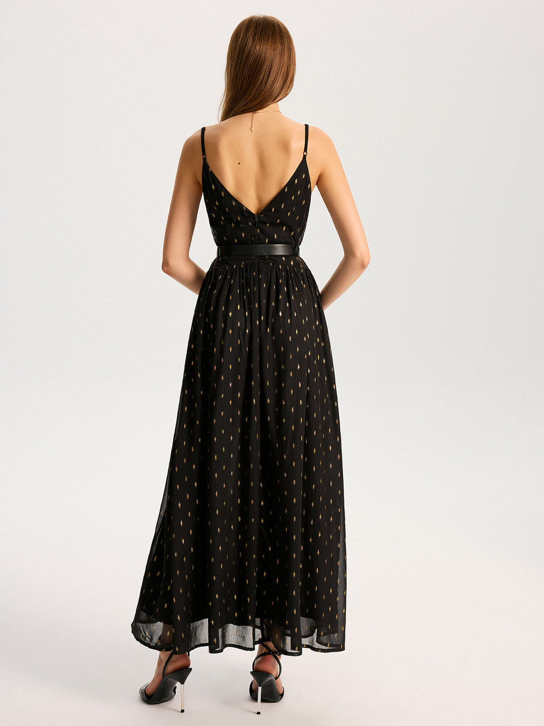 Semi-Sheer Lace Panel Slit Maxi Dress with Belt